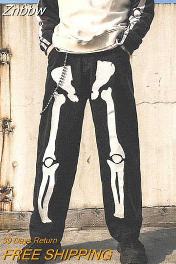 Znbbw Gothic Skull Skeleton Print Jeans 2023 Men High Waist Loose Straight Denim Pants Lovers Couple Street Casual Trousers